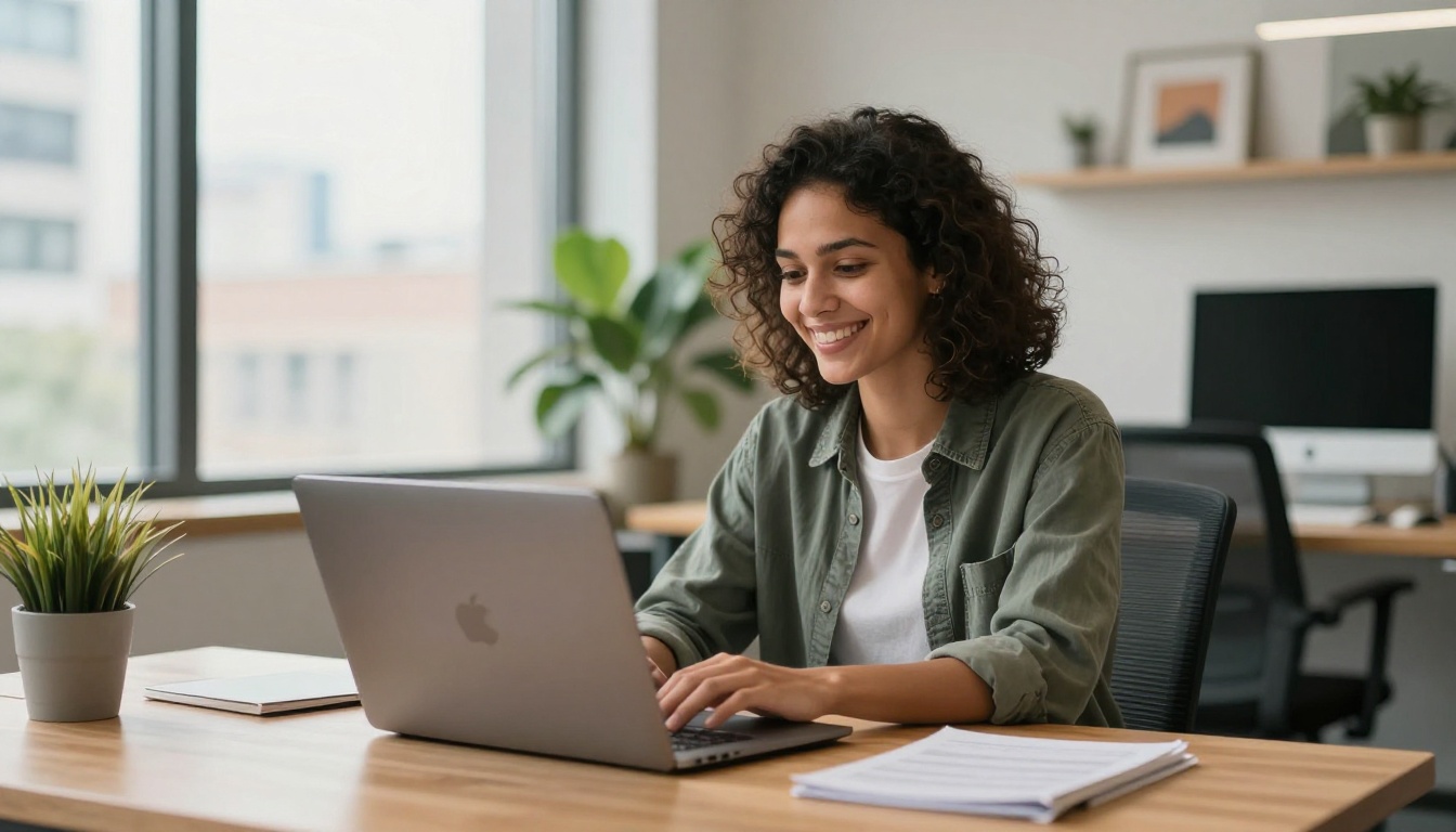 Smiling creative professional working at a laptop with large windows and a modern open workspace behind them Smiling creative professional working at a laptop with large windows and a modern open workspace behind them