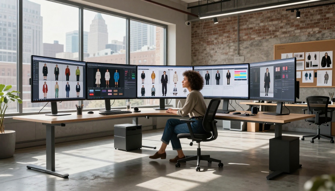 AI fashion creative director at curved desk in modern studio, multiple monitors showing AI image generation interfaces and fashion lookbook grids