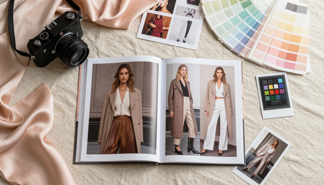 Luxury fashion lookbook flat lay with editorial magazine, Leica camera, Pantone swatches, silk fabric samples, and Polaroid test shots on bleached linen