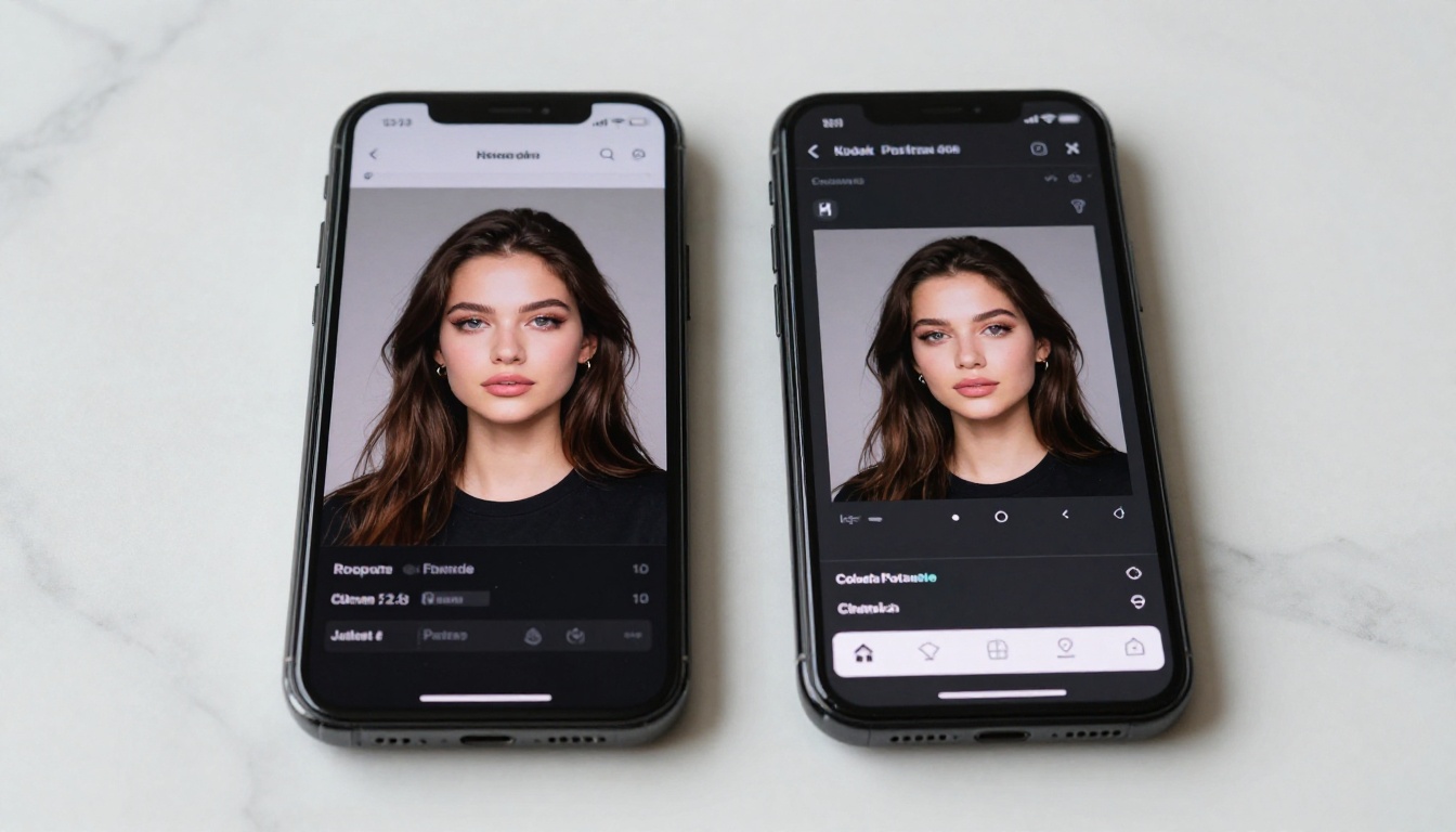 Two smartphones on white marble desk showing AI image generation and video editing interfaces
