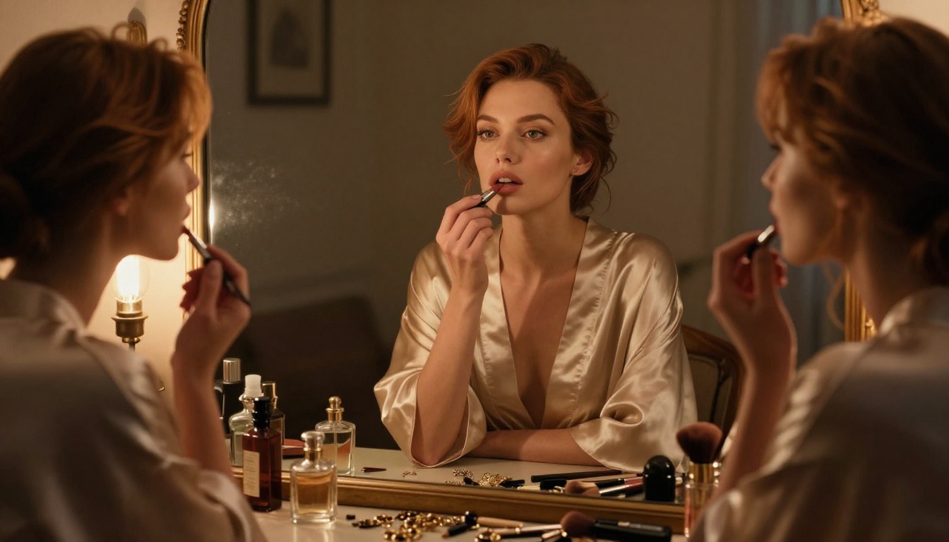 Woman with auburn hair at vintage vanity mirror applying makeup in warm amber tungsten light