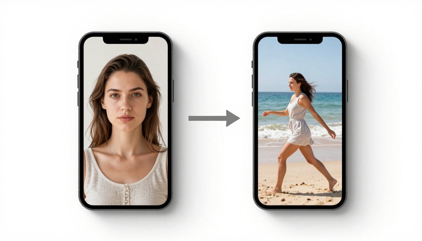 Reference comparison visualization showing input portrait on the left and AI-generated video frame output on the right