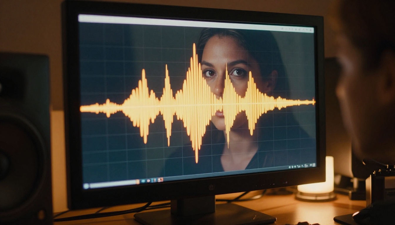 Audio waveform displayed on a professional studio monitor screen with reflected eyes