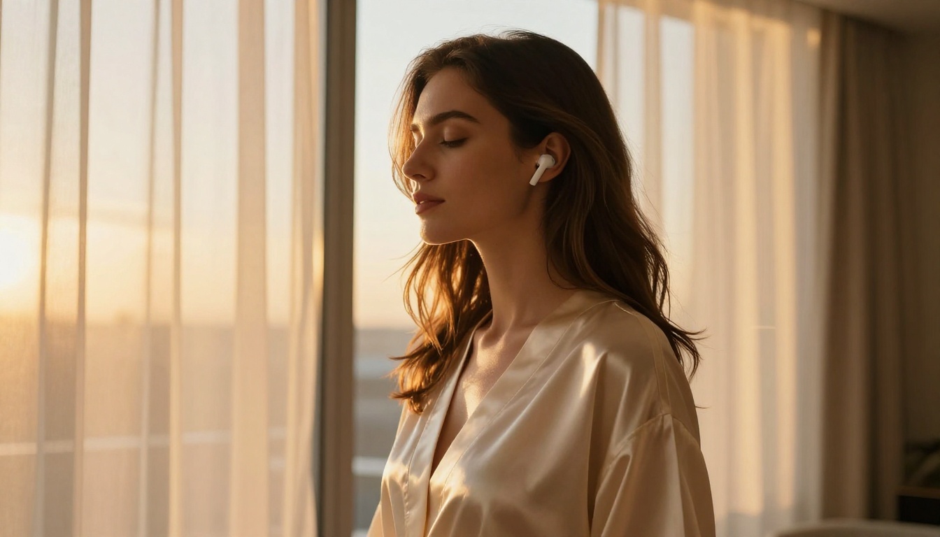 Woman in ivory silk robe listening with wireless earbuds at golden sunset window