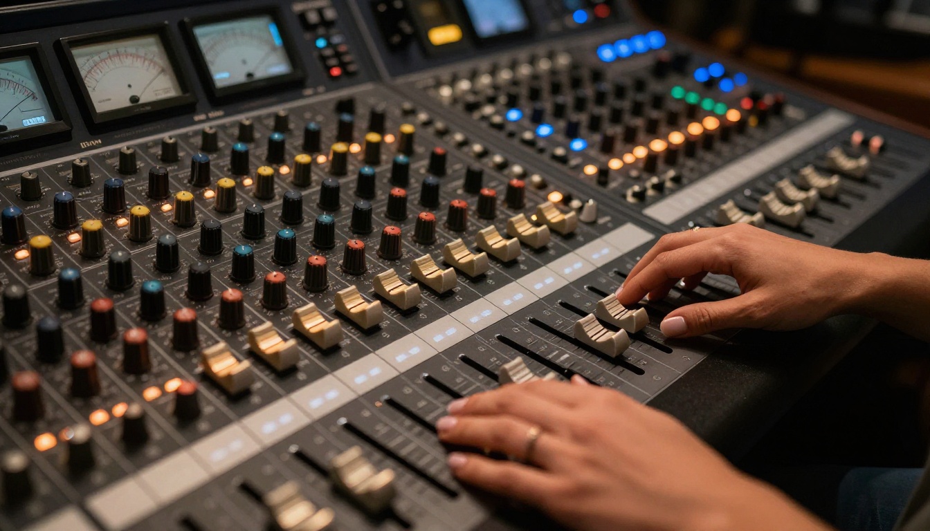 Overhead view of professional 32-channel mixing console with hands adjusting sliders