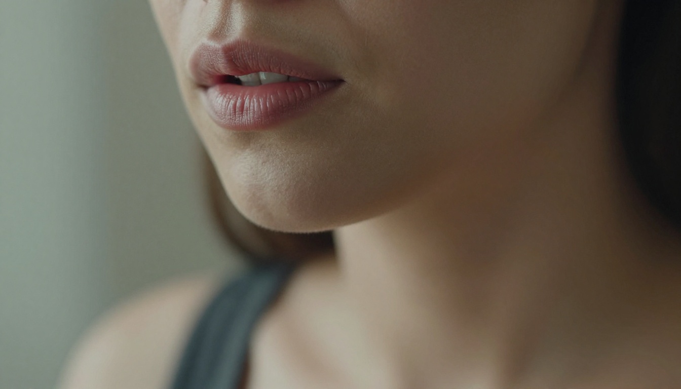 Close-up of a woman's lips parted mid-speech with soft natural light from left
