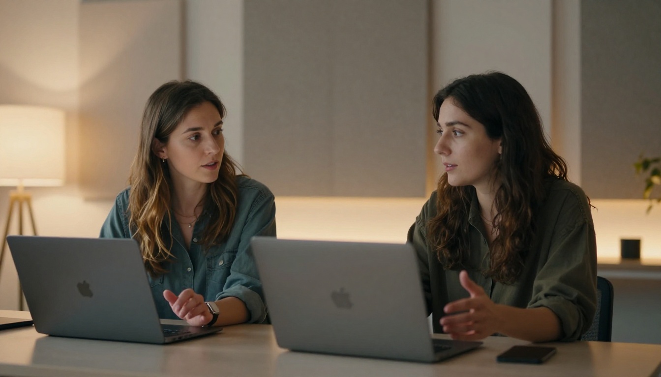 Two women reviewing audio playback on laptop screens at a modern studio workstation