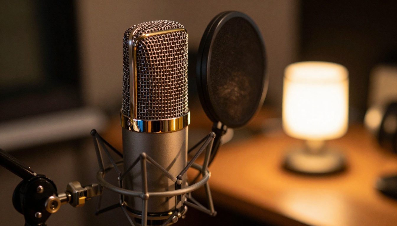 Vintage large-diaphragm studio microphone in warm tungsten light with golden bokeh
