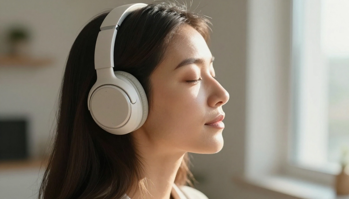 Side profile portrait of woman with over-ear headphones, eyes closed, soft daylight from right