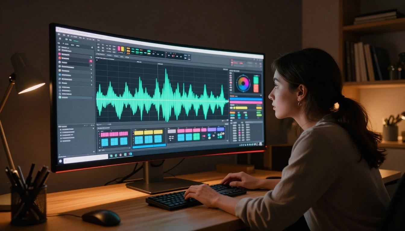 Modern creative AI workspace with ultrawide monitor showing audio generation waveforms