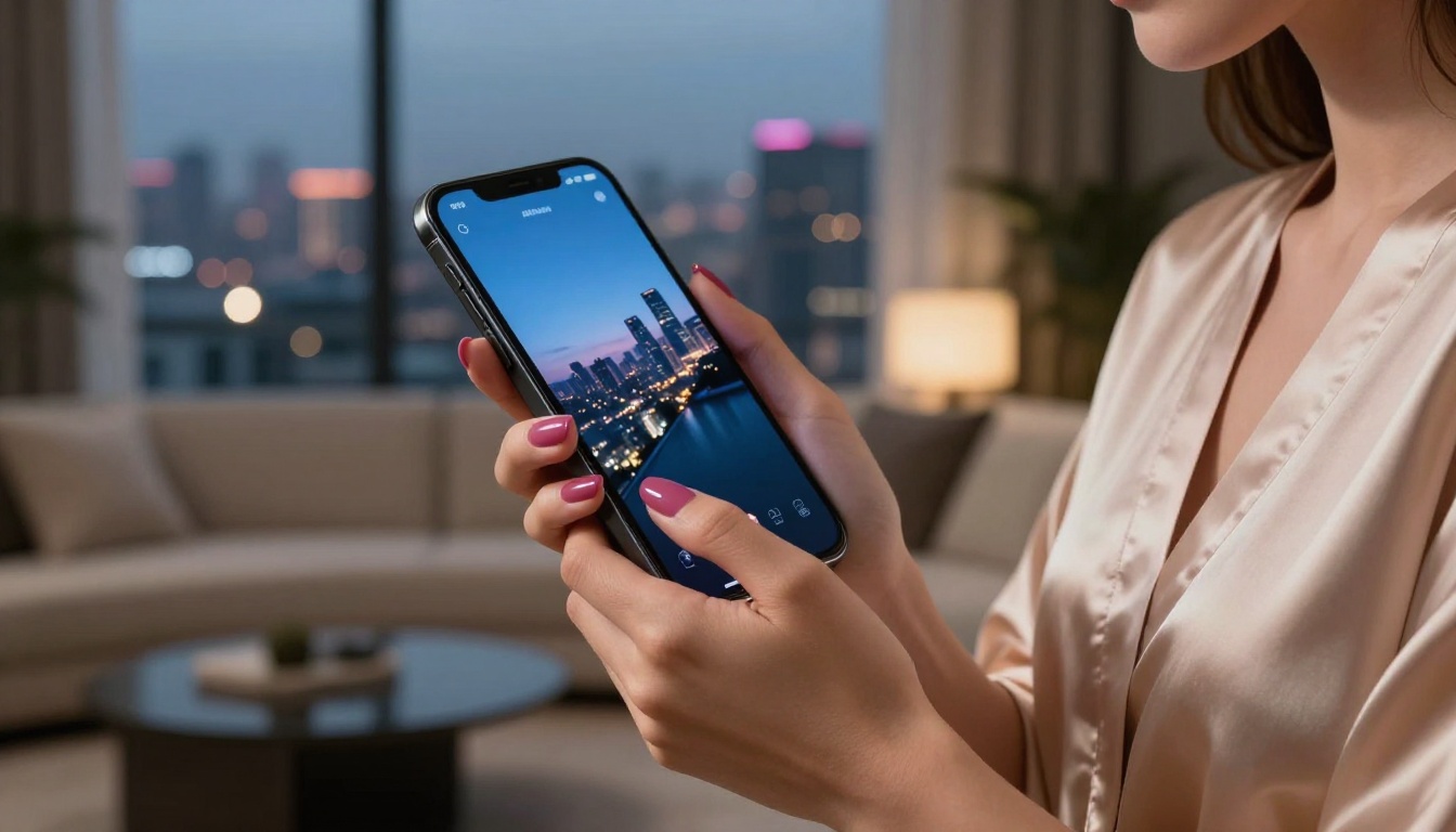 Woman using AI tools on smartphone in elegant setting