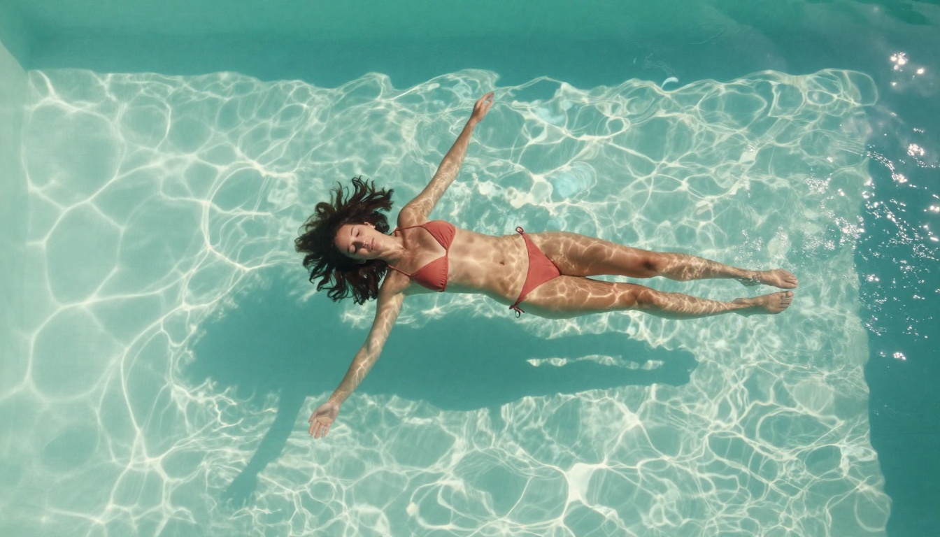 Woman floating in turquoise pool, aerial photorealistic shot