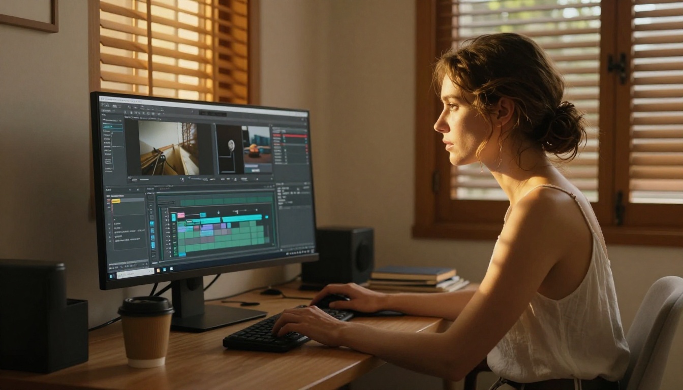 Woman working on AI video creation at home office desk