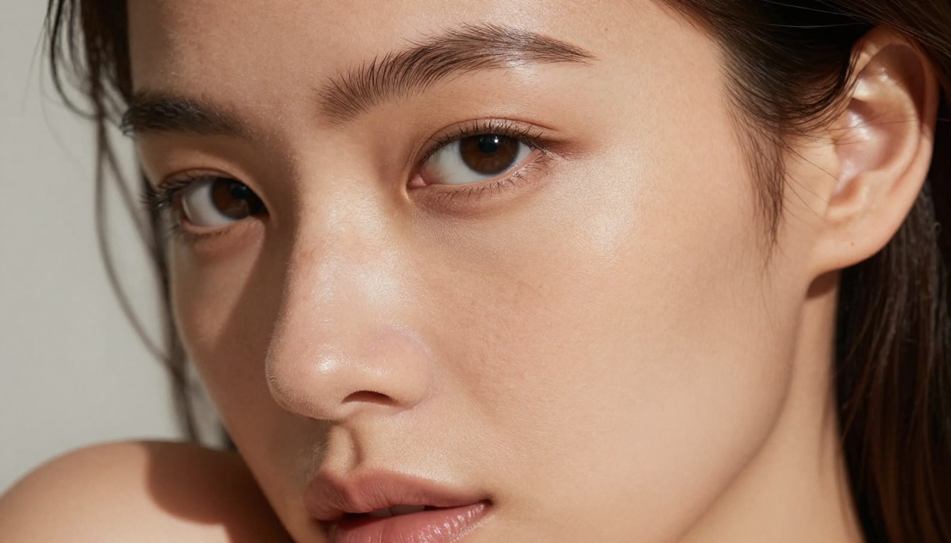 Close-up beauty photography of woman's face and bare shoulder, directional studio lighting, Kodak Portra film Close-up beauty photography of woman's face and bare shoulder, directional studio lighting, Kodak Portra film