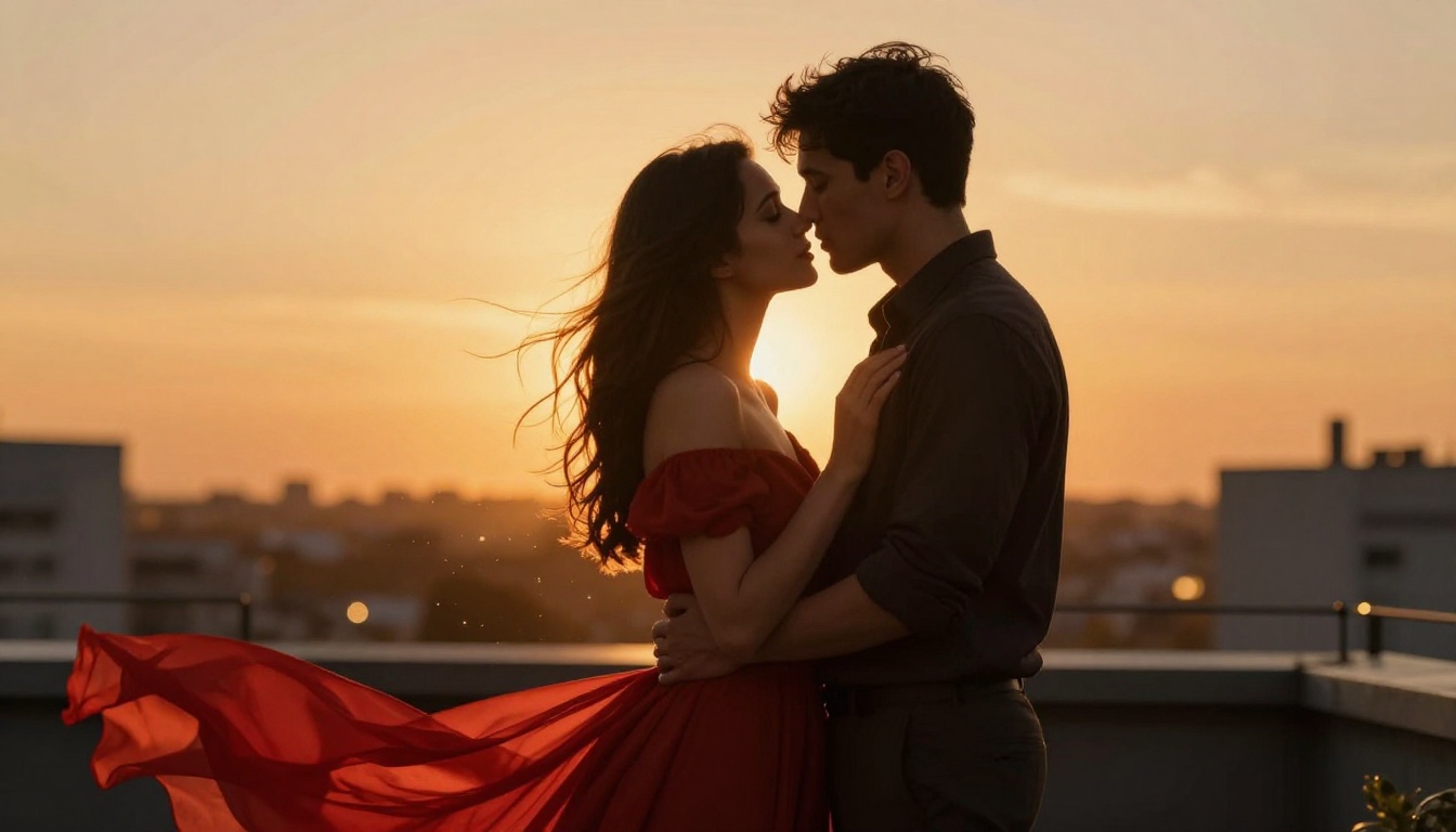 Romantic couple silhouetted at sunset