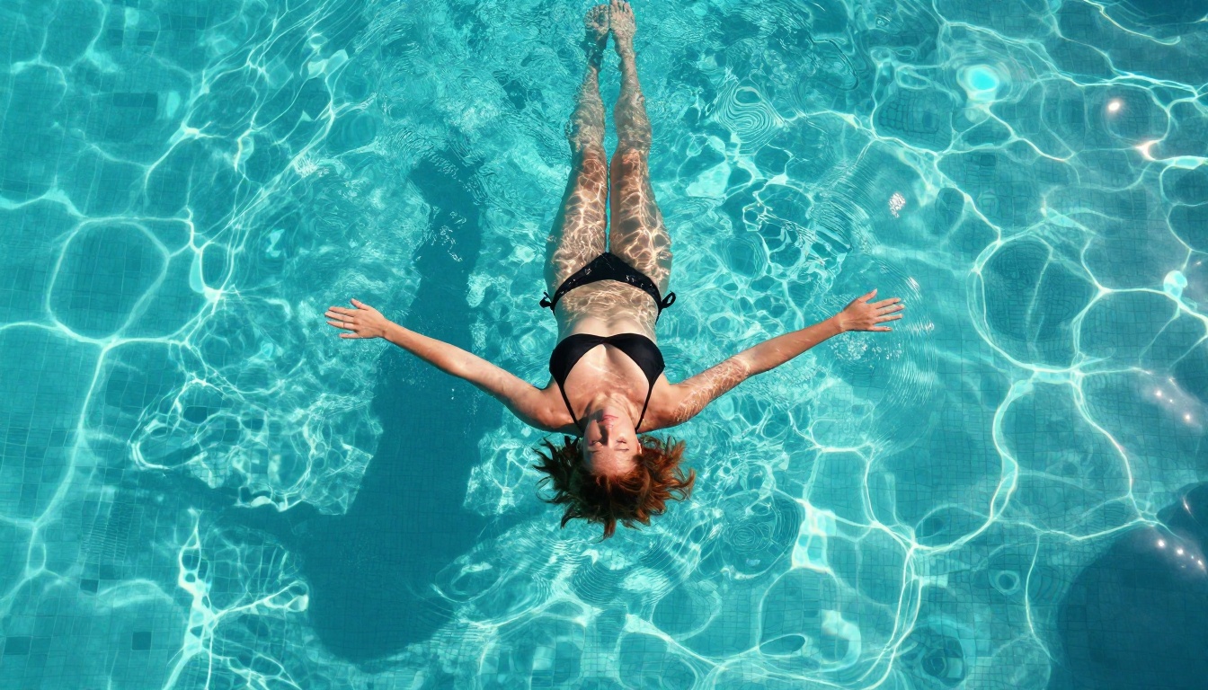 Aerial view of woman floating in turquoise pool with mosaic tiles visible