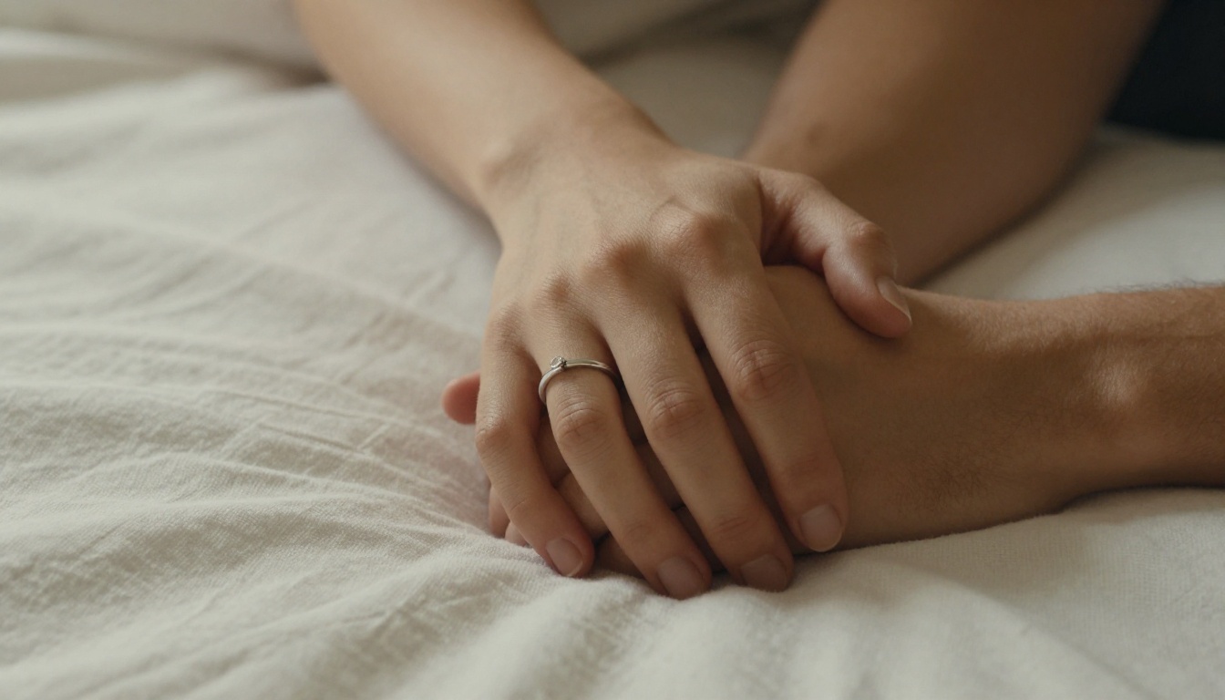 Intertwined hands on white linen sheets