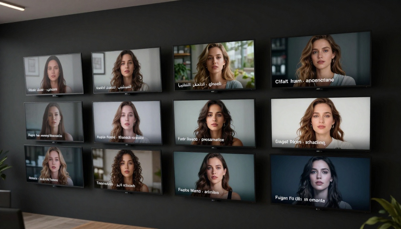 Multiple screens showing AI-generated video frames from prompts submitted in 10 different languages Multiple screens showing AI-generated video frames from prompts submitted in 10 different languages