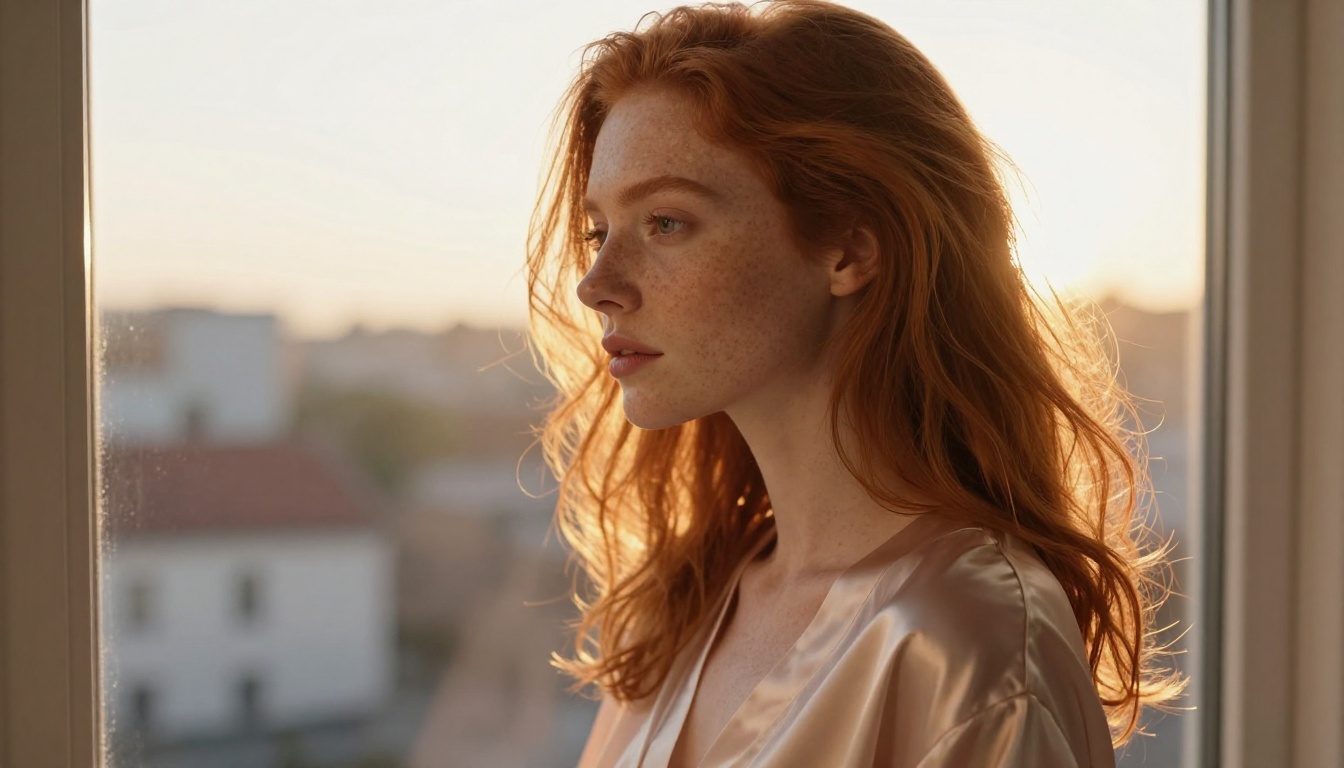 Red-haired woman in silk robe at open window with morning light streaming in