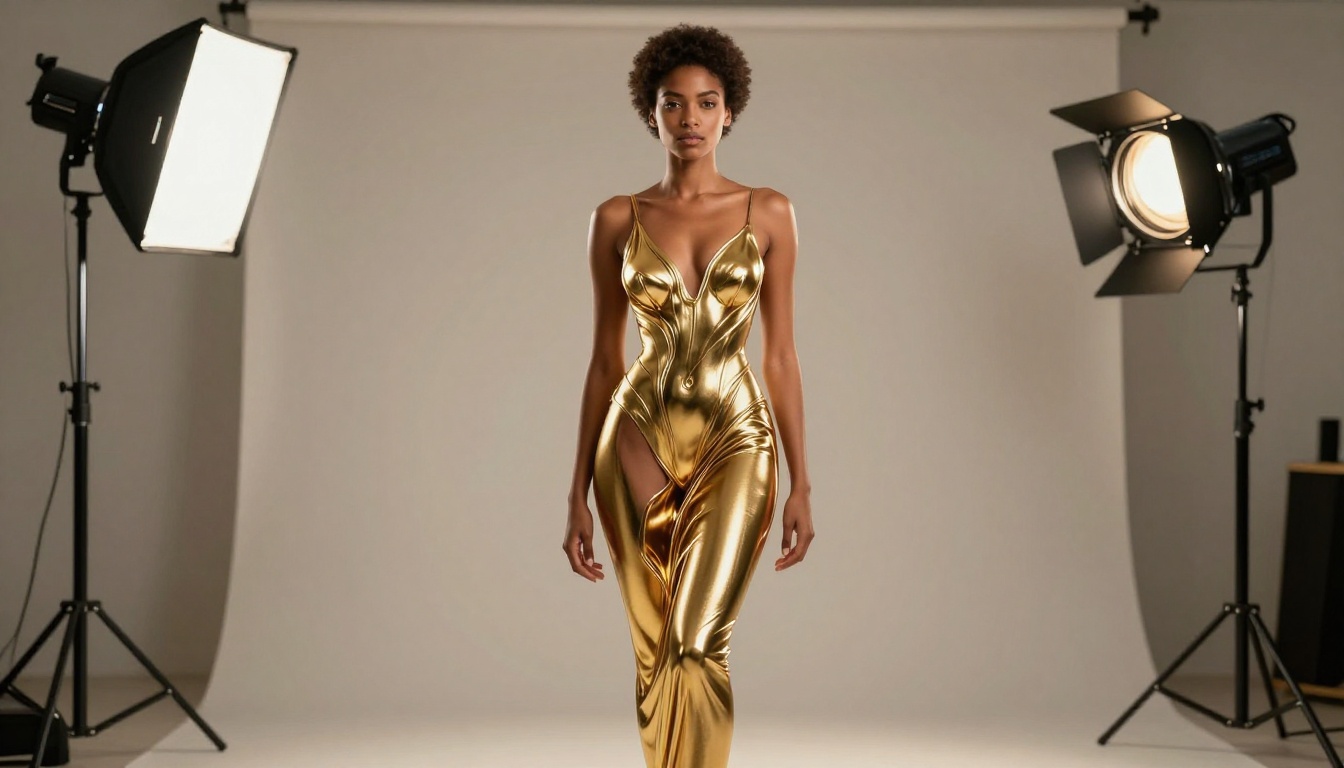 Woman with afro in metallic gold bodysuit in professional photography studio
