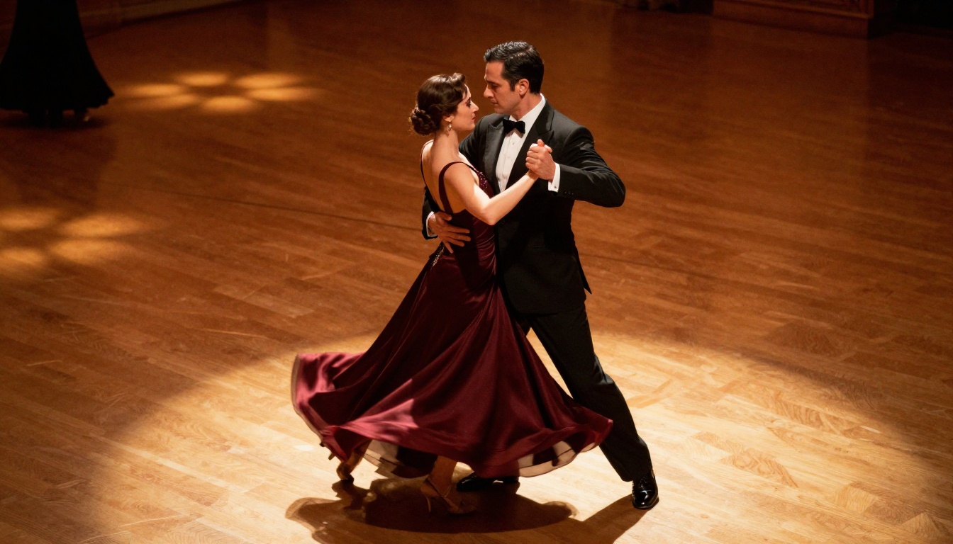Couple slow dancing in elegant ballroom