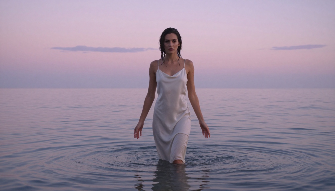Woman in white silk at ocean sunrise