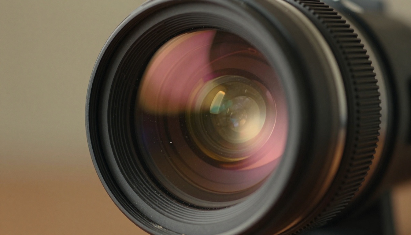 Cinema camera lens close-up with film set reflections in the glass