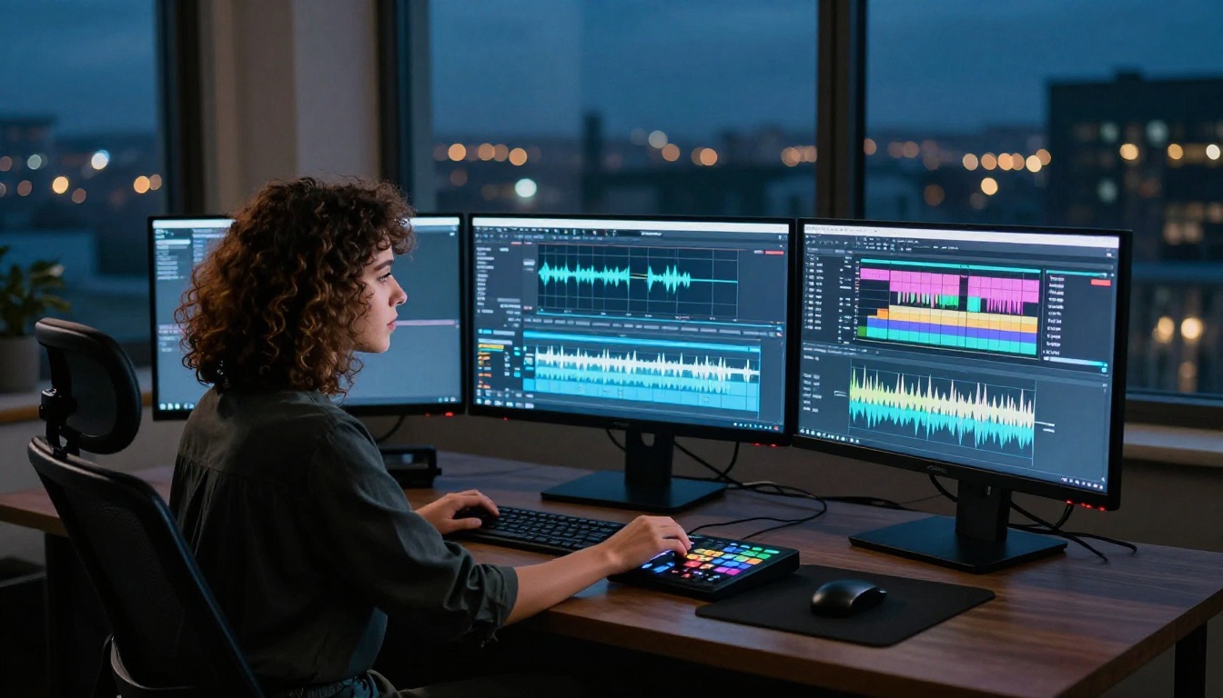 A creative video editor sitting at a workstation with three monitors showing editing timelines