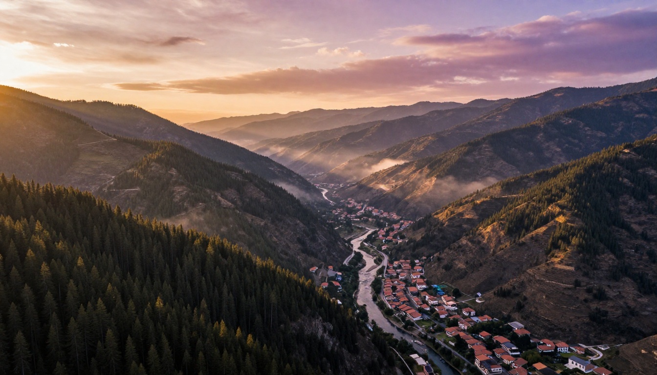 Aerial drone photography of a sprawling mountain valley at golden hour with amber and rose sky