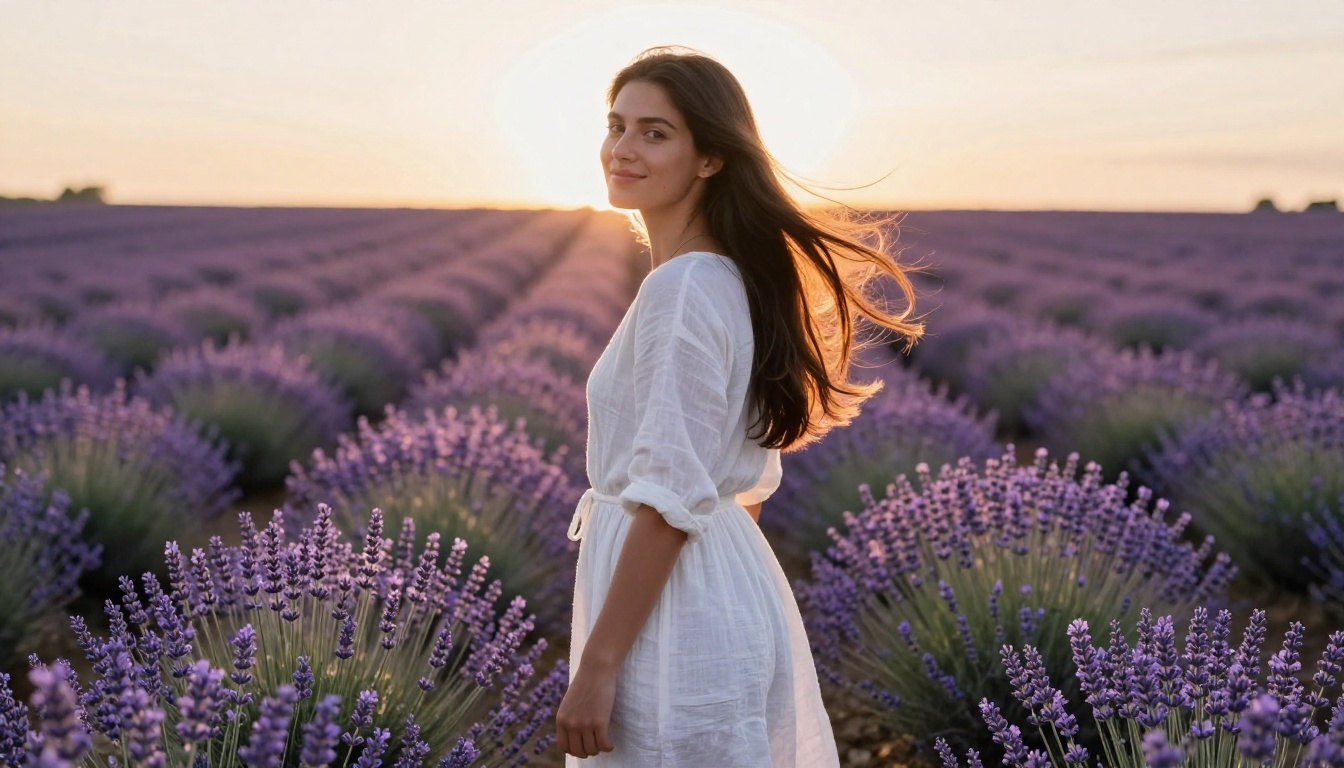 A young woman with long dark hair in a white dress standing in a sunlit lavender field at golden hour