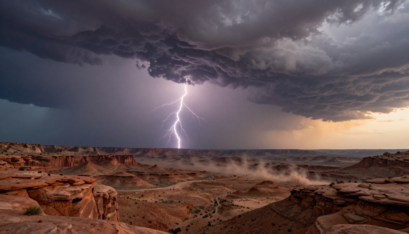 A dramatic storm front over an arid desert canyon with split warm and cool lighting on the rock formations
