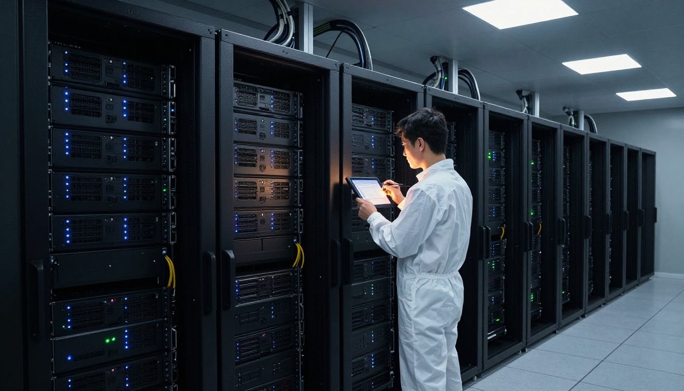 Interior of a high-performance GPU server rack room with a technician in a white clean-room suit inspecting a panel