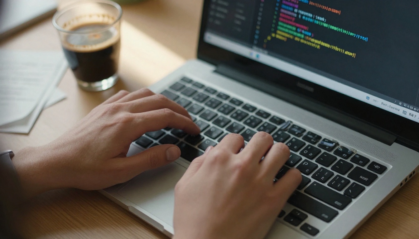 Close-up of hands typing on a worn mechanical keyboard with handwritten notes and espresso cup nearby