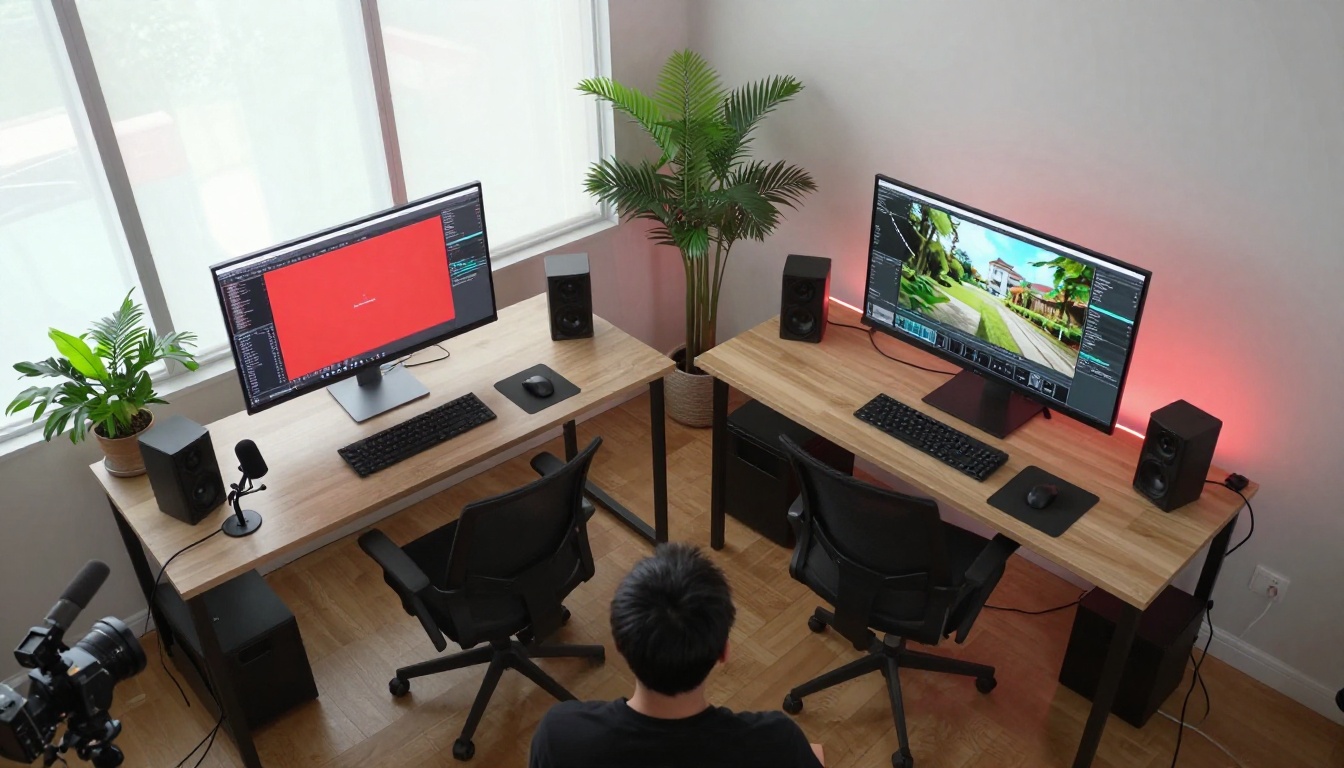 Aerial view of a video content creator studio showing dual monitor setup with video project workspaces