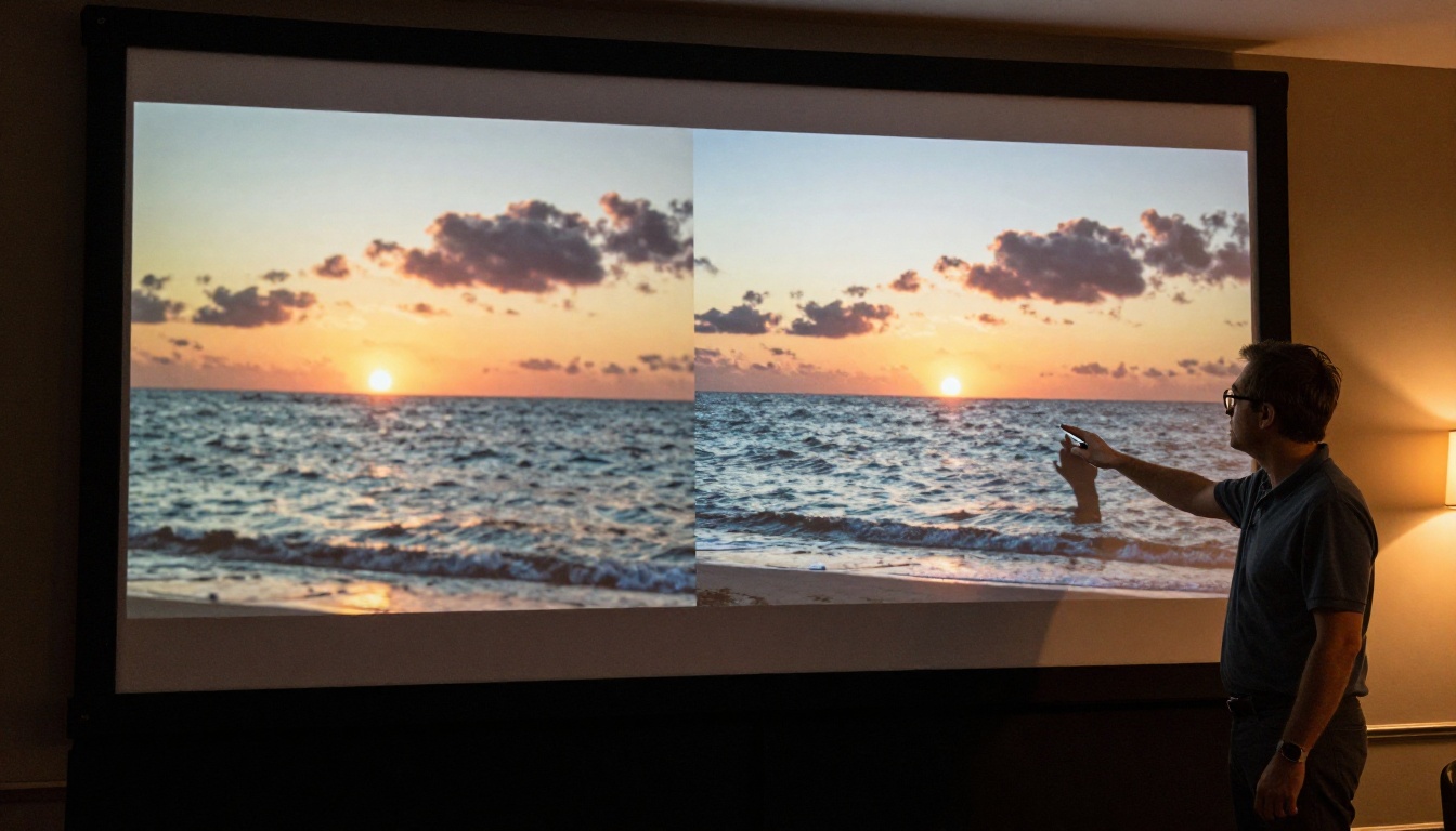 A cinema reference monitor showing two film stills with a quality comparison, producer pointing at the sharper frame