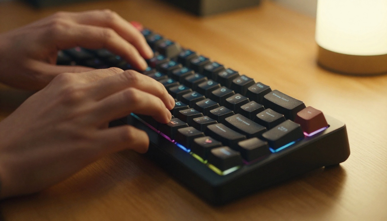 Close-up of hands on mechanical keyboard preparing to trigger a video retake generation pass