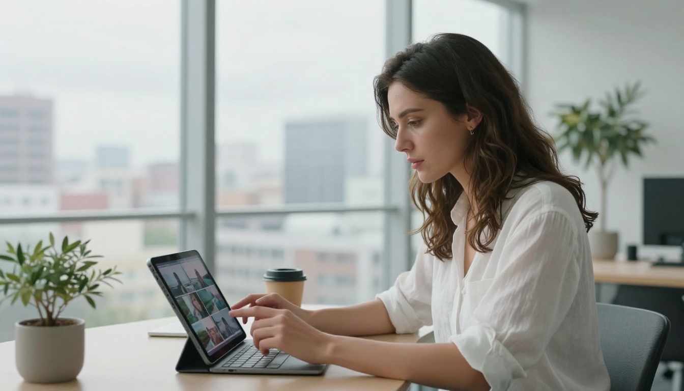 Woman video producer reviewing AI-generated video frames on tablet at standing desk in bright office