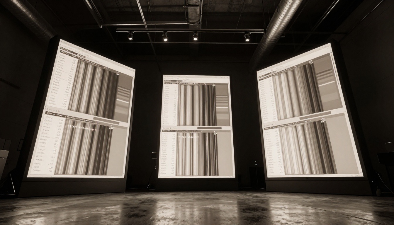 Three large vertical monitor panels in a studio displaying AI video generation progress and model output previews
