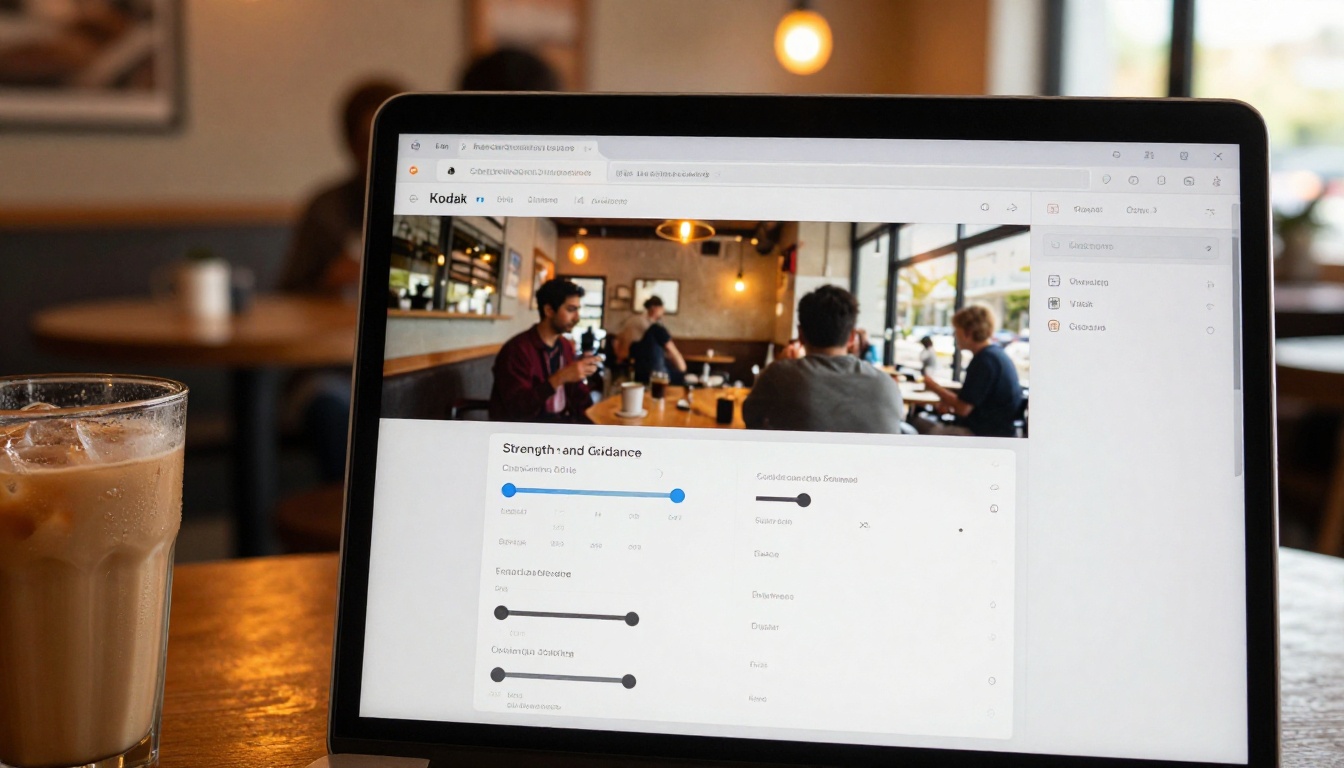 Laptop screen showing AI video generation settings panel with denoising strength and guidance sliders in a coffee shop