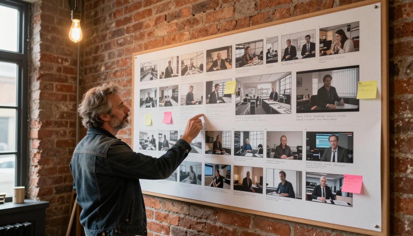 Creative director reviewing AI video storyboard frames pinned to a cork board on an exposed brick wall