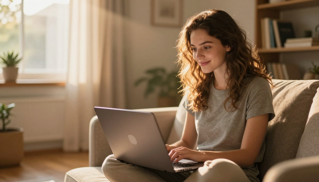 Young woman content creator smiling while watching AI video playback on laptop, warm golden hour light streaming through sheer curtains