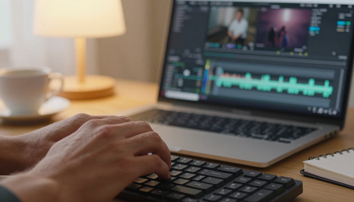 A professional filmmaker working at a keyboard with a 4K video editing timeline on screen A professional filmmaker working at a keyboard with a 4K video editing timeline on screen