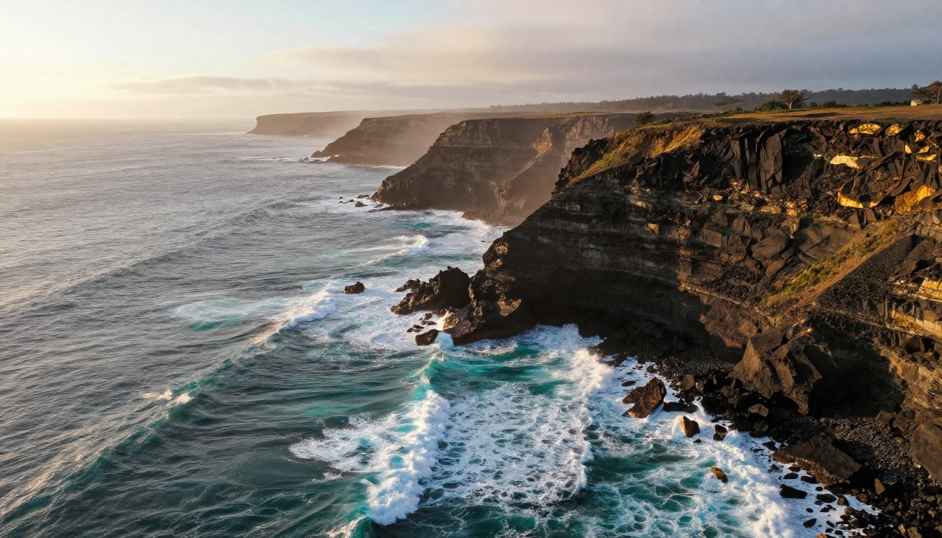 Aerial view of a coastal cliffside at golden hour, waves crashing below on dark volcanic rocks Aerial view of a coastal cliffside at golden hour, waves crashing below on dark volcanic rocks