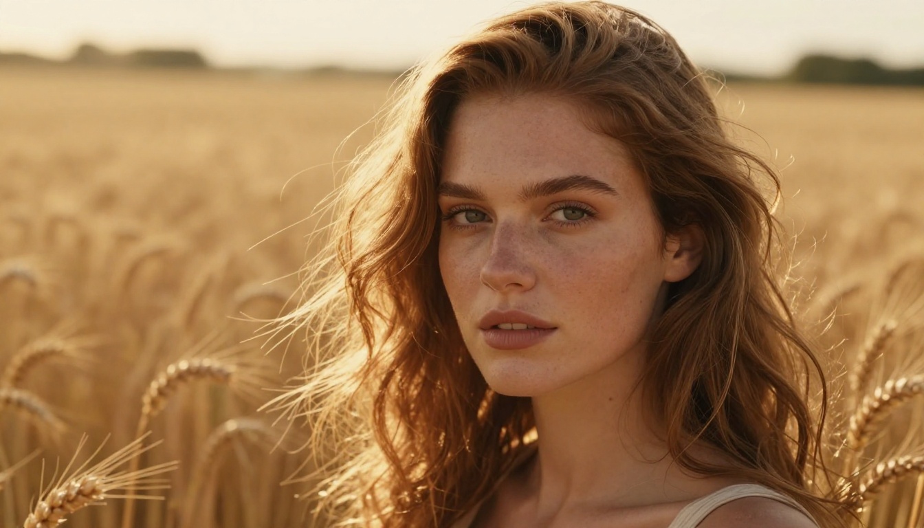 Portrait of a woman in a sunlit wheat field, warm natural afternoon light catching auburn hair Portrait of a woman in a sunlit wheat field, warm natural afternoon light catching auburn hair