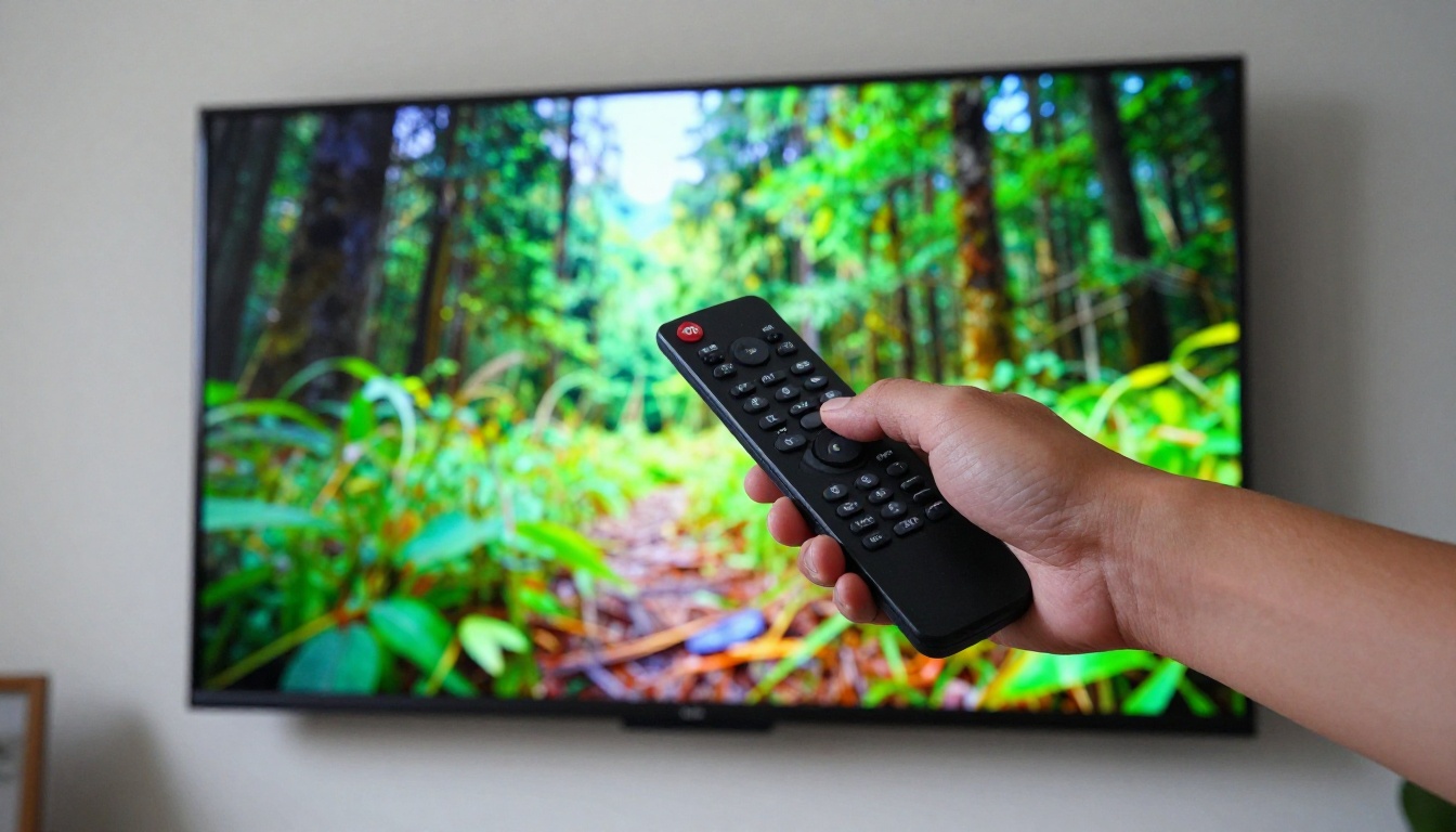 Close-up of a 4K OLED television screen displaying sharp video footage, hands holding remote Close-up of a 4K OLED television screen displaying sharp video footage, hands holding remote
