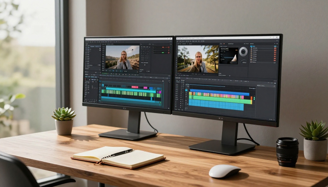 Sleek modern dual-monitor video editing workspace with warm natural daylight streaming from the left Sleek modern dual-monitor video editing workspace with warm natural daylight streaming from the left