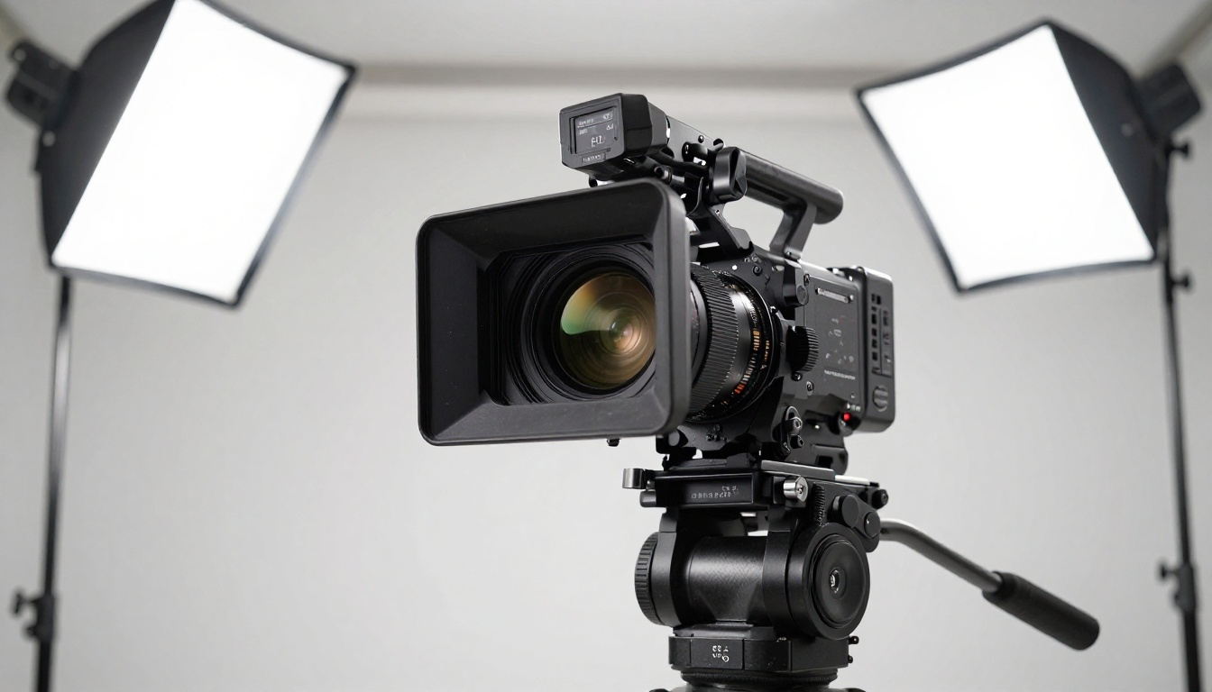 Low-angle shot of a professional cinema camera on a carbon fiber tripod with softbox studio lights above Low-angle shot of a professional cinema camera on a carbon fiber tripod with softbox studio lights above