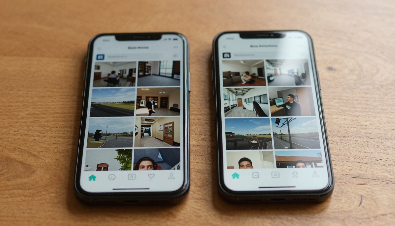 Two smartphones side by side on a wooden table showing AI video app interfaces with sharp thumbnails Two smartphones side by side on a wooden table showing AI video app interfaces with sharp thumbnails