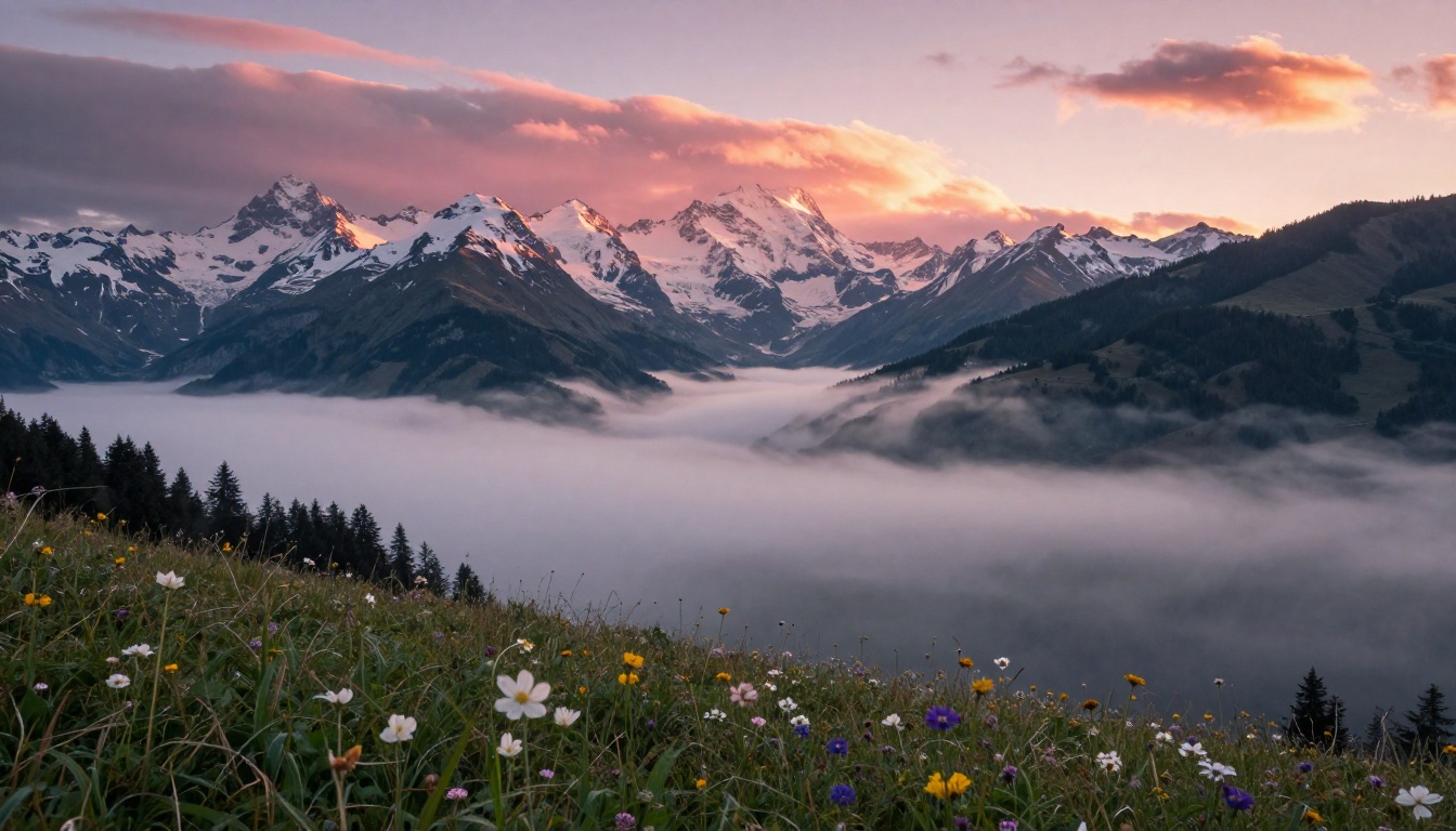 Wide panoramic shot of an alpine mountain range at sunrise with morning mist filling deep valleys Wide panoramic shot of an alpine mountain range at sunrise with morning mist filling deep valleys