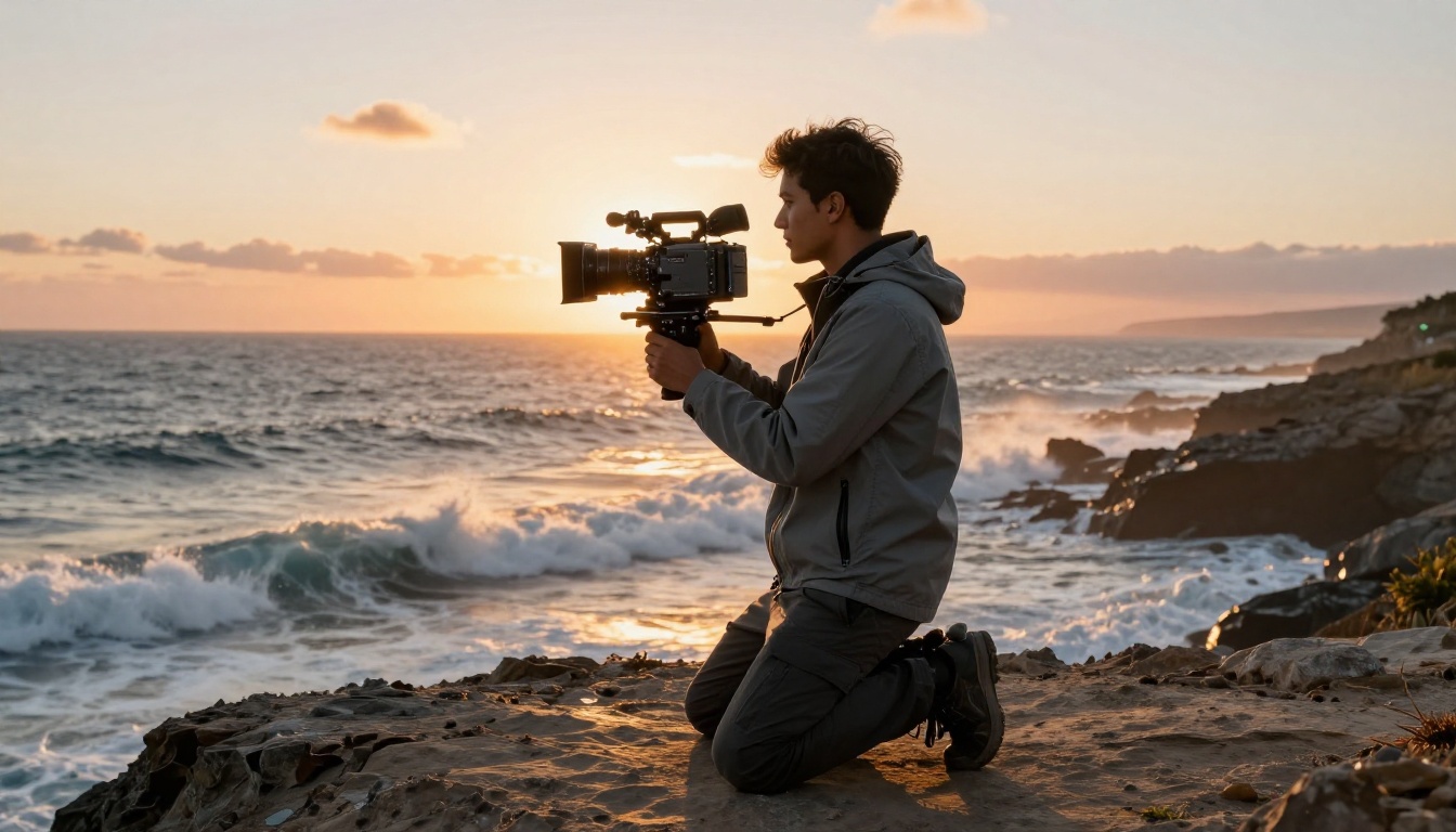 Filmmaker capturing footage on coastal cliffs at golden hour with ocean waves in background Filmmaker capturing footage on coastal cliffs at golden hour with ocean waves in background